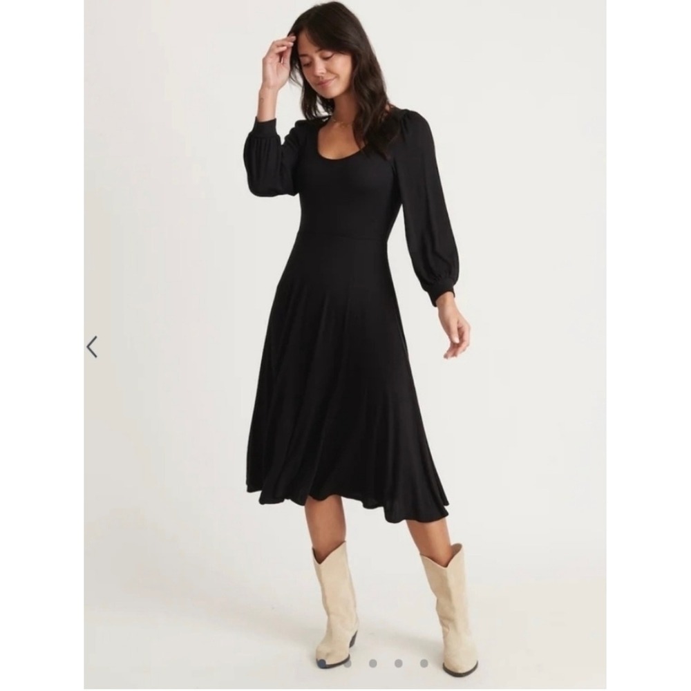 NWT Marine Layer Lexi Long Sleeve Midi‎ Fit Flare Dress L Black Minimalist Boho